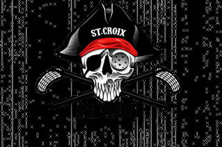 Skull wearing St. Croix pirate hat with red band and crossbones on dark pixelated background